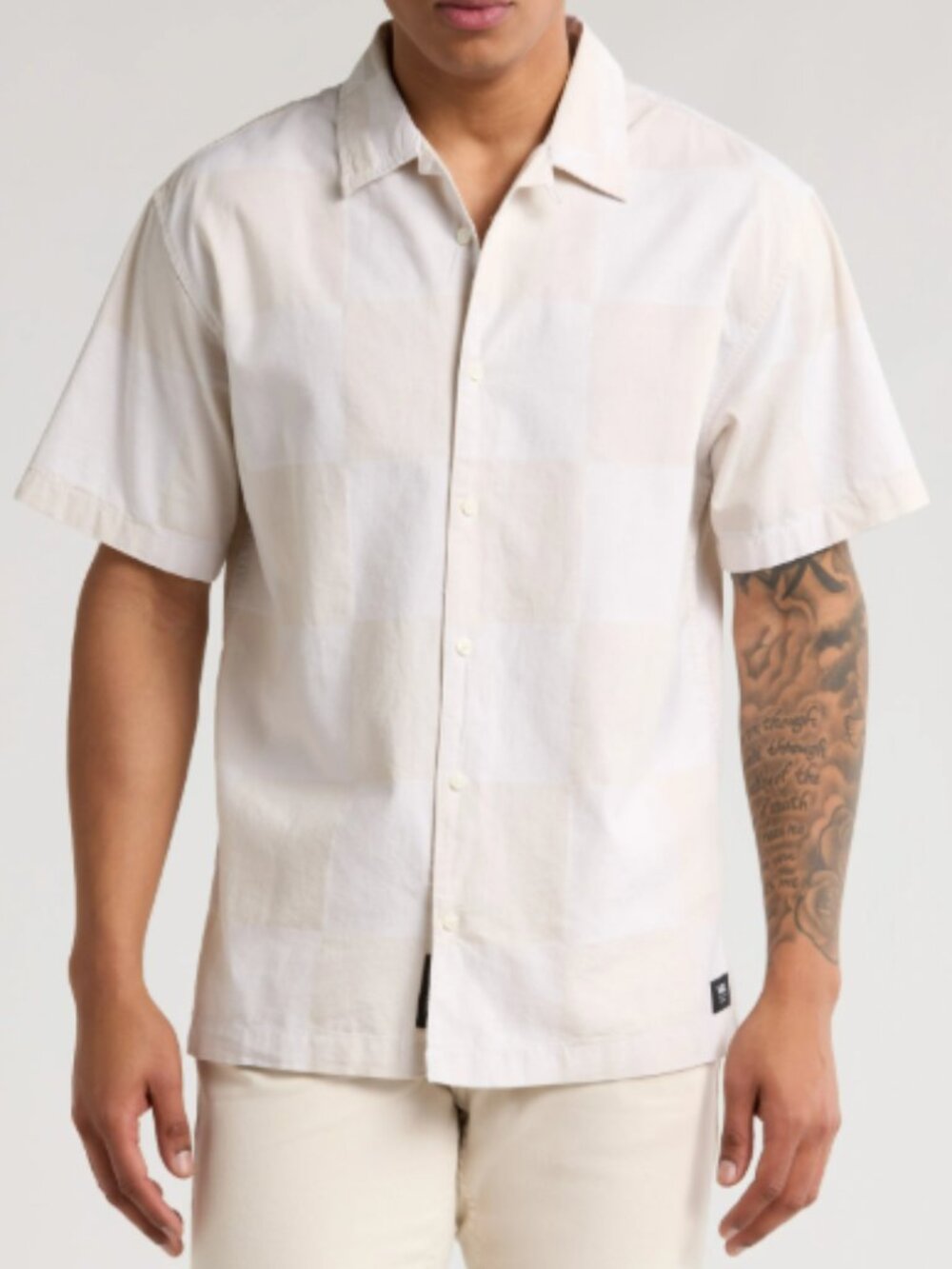 Vans Kessler Checkerboard Short Sleeve Button-Up Shirt Loose Fit Cream Size XL